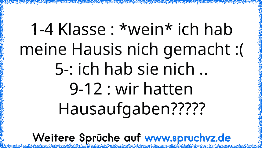 1-4 Klasse : *wein* ich hab meine Hausis nich gemacht :(
5-: ich hab sie nich ..
9-12 : wir hatten Hausaufgaben?????