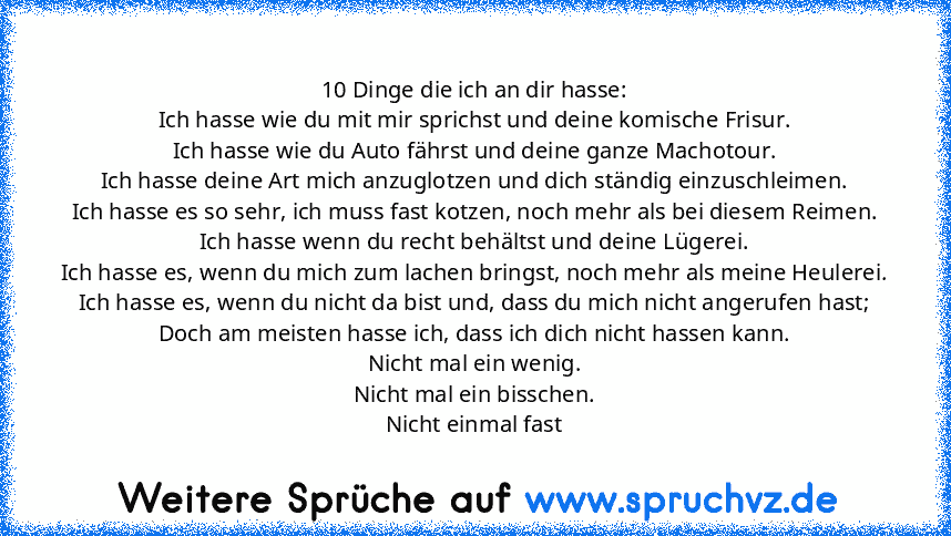 10 Dinge die ich an dir hasse:
Ich hasse wie du mit mir sprichst und deine komische Frisur.
Ich hasse wie du Auto fährst und deine ganze Machotour.
Ich hasse deine Art mich anzuglotzen und dich ständig einzuschleimen.
Ich hasse es so sehr, ich muss fast kotzen, noch mehr als bei diesem Reimen.
Ich hasse wenn du recht behältst und deine Lügerei.
Ich hasse es, wenn du mich zum lachen bringst, noc...