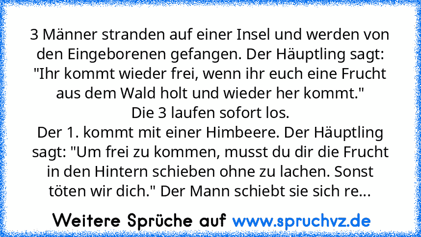 3 Männer stranden auf einer Insel und werden von den Eingeborenen gefangen. Der Häuptling sagt: "Ihr kommt wieder frei, wenn ihr euch eine Frucht aus dem Wald holt und wieder her kommt."
Die 3 laufen sofort los.
Der 1. kommt mit einer Himbeere. Der Häuptling sagt: "Um frei zu kommen, musst du dir die Frucht in den Hintern schieben ohne zu lachen. Sonst töten wir dich." Der Mann schiebt sie sich...