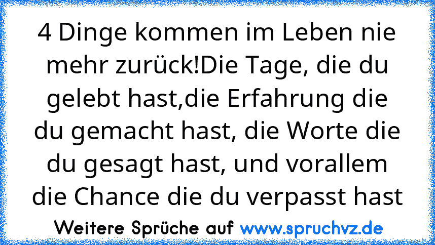 4 Dinge kommen im Leben nie mehr zurück!Die Tage, die du gelebt hast,die Erfahrung die du gemacht hast, die Worte die du gesagt hast, und vorallem die Chance die du verpasst hast