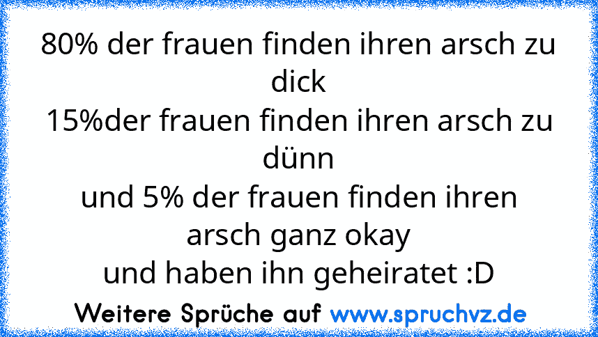 80% der frauen finden ihren arsch zu dick
15%der frauen finden ihren arsch zu dünn
und 5% der frauen finden ihren arsch ganz okay
und haben ihn geheiratet :D