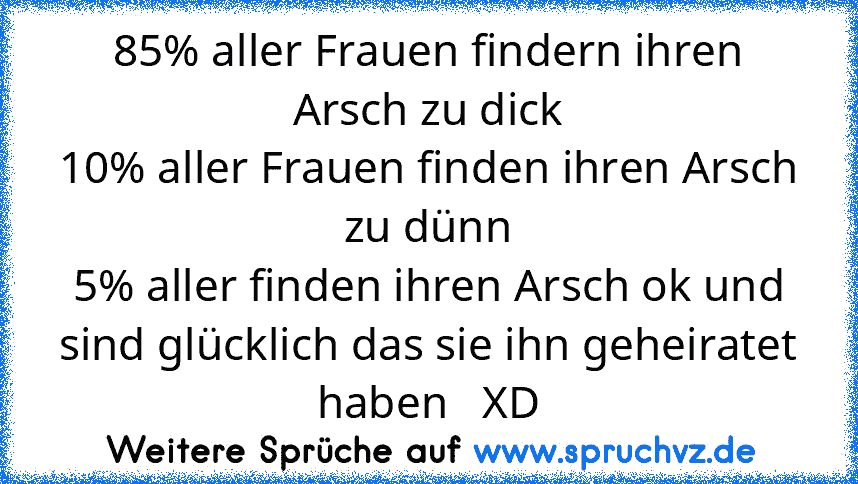 85% aller Frauen findern ihren Arsch zu dick
10% aller Frauen finden ihren Arsch zu dünn
5% aller finden ihren Arsch ok und sind glücklich das sie ihn geheiratet haben   XD