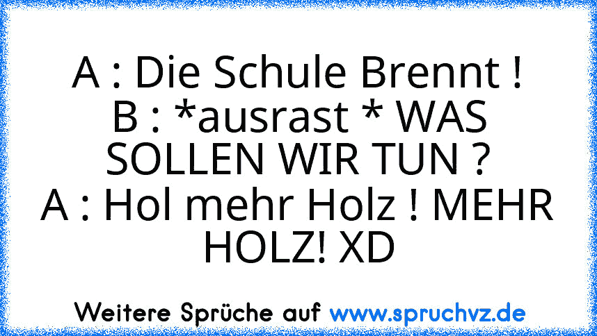 A : Die Schule Brennt !
B : *ausrast * WAS SOLLEN WIR TUN ?
A : Hol mehr Holz ! MEHR HOLZ! XD