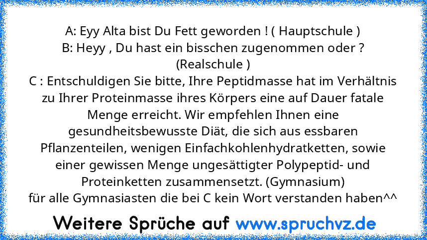 A: Eyy Alta bist Du Fett geworden ! ( Hauptschule )
B: Heyy , Du hast ein bisschen zugenommen oder ? (Realschule )
C : Entschuldigen Sie bitte, Ihre Peptidmasse hat im Verhältnis zu Ihrer Proteinmasse ihres Körpers eine auf Dauer fatale Menge erreicht. Wir empfehlen Ihnen eine gesundheitsbewusste Diät, die sich aus essbaren Pflanzenteilen, wenigen Einfachkohlenhydratketten, sowie einer gewissen...