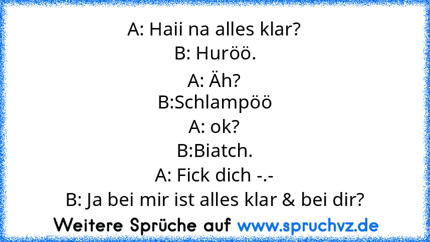 A: Haii na alles klar?
B: Huröö.
A: Äh?
B:Schlampöö
A: ok?
B:Biatch.
A: Fick dich -.-
B: Ja bei mir ist alles klar & bei dir?