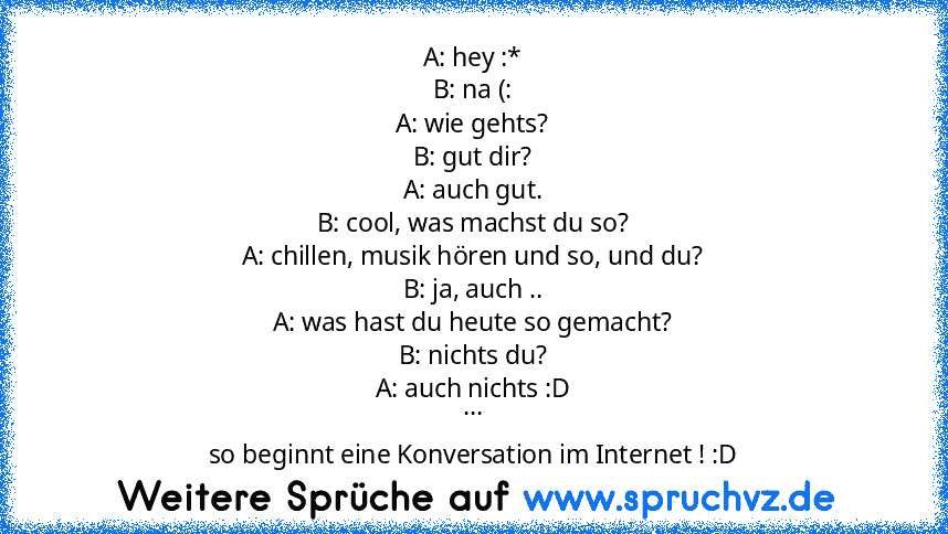 A: hey :*
B: na (:
A: wie gehts?
B: gut dir?
A: auch gut.
B: cool, was machst du so?
A: chillen, musik hören und so, und du?
B: ja, auch ..
A: was hast du heute so gemacht?
B: nichts du?
A: auch nichts :D
...
so beginnt eine Konversation im Internet ! :D