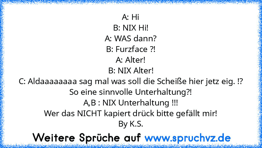 A: Hi
B: NIX Hi!
A: WAS dann?
B: Furzface ?!
A: Alter!
B: NIX Alter!
C: Aldaaaaaaaa sag mal was soll die Scheiße hier jetz eig. !? So eine sinnvolle Unterhaltung?!
A,B : NIX Unterhaltung !!!
Wer das NICHT kapiert drück bitte gefällt mir!
By K.S.