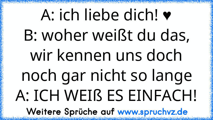 A: ich liebe dich! ♥
B: woher weißt du das, wir kennen uns doch noch gar nicht so lange
A: ICH WEIß ES EINFACH!