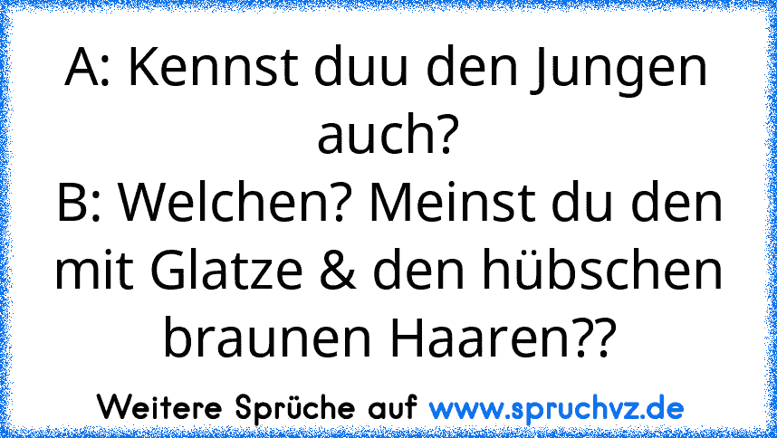 A: Kennst duu den Jungen auch?
B: Welchen? Meinst du den mit Glatze & den hübschen braunen Haaren??