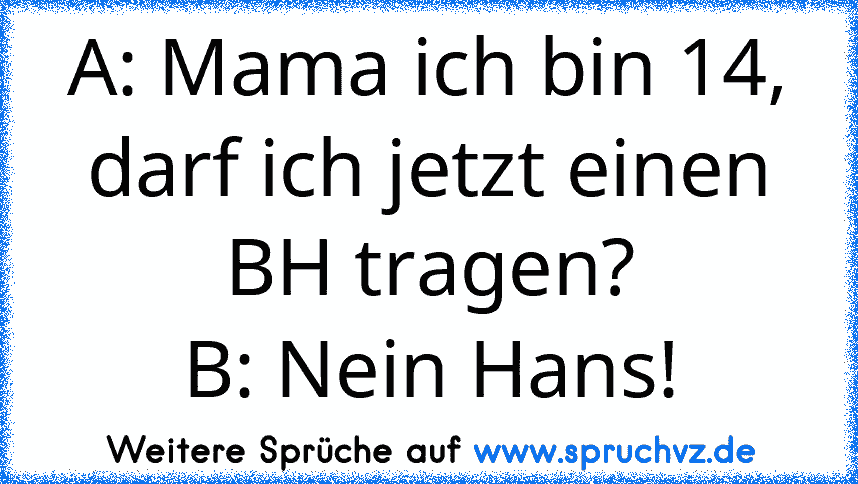 A: Mama ich bin 14, darf ich jetzt einen BH tragen?
B: Nein Hans!