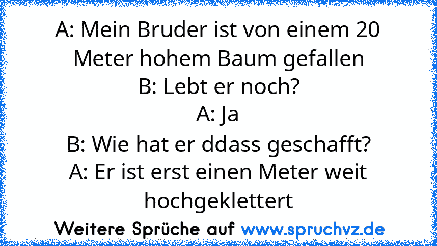 A: Mein Bruder ist von einem 20 Meter hohem Baum gefallen
B: Lebt er noch?
A: Ja
B: Wie hat er ddass geschafft?
A: Er ist erst einen Meter weit hochgeklettert