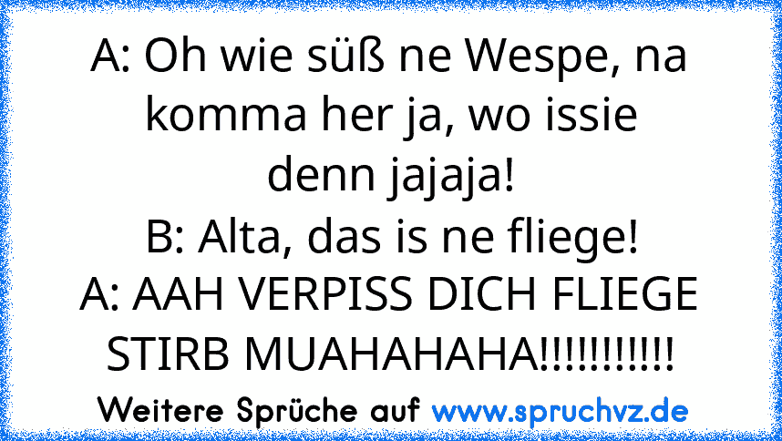 A: Oh wie süß ne Wespe, na komma her ja, wo issie
denn jajaja!
B: Alta, das is ne fliege!
A: AAH VERPISS DICH FLIEGE STIRB MUAHAHAHA!!!!!!!!!!!