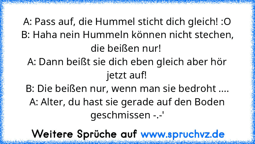 A: Pass auf, die Hummel sticht dich gleich! :O
B: Haha nein Hummeln können nicht stechen, die beißen nur! 
A: Dann beißt sie dich eben gleich aber hör jetzt auf!
B: Die beißen nur, wenn man sie bedroht ....
A: Alter, du hast sie gerade auf den Boden geschmissen -.-'