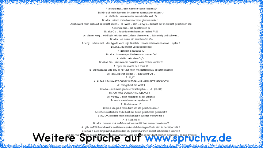 A : schau mal .. dein hamster kann fliegen :D
B : hör auf mein hamster im zimmer rumzuschmeissen -.-'
A : ahhhhh .. ein monster zerstört die welt :O
B : alta .. nimm mein hamster vom globus runter .. 
A: ich würd mich nich auf dein bett sitzen ..   B : wies .. ohh .. ehyyy .. du hast auf mein bett geschissen Oo
A : schau mal .. ein nacktmolch :D
B : alta Oo .. hast du mein hamster rasiert ?? :O...