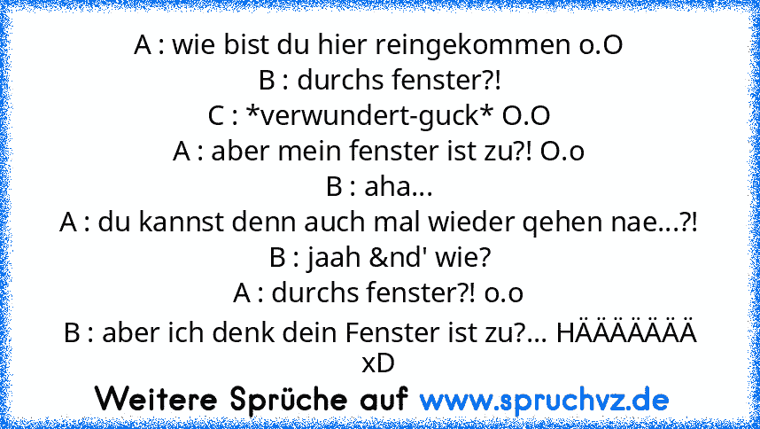 A : wie bist du hier reingekommen o.O
B : durchs fenster?!
C : *verwundert-guck* O.O
A : aber mein fenster ist zu?! O.o
B : aha...
A : du kannst denn auch mal wieder qehen nae...?!
B : jaah &nd' wie?
A : durchs fenster?! o.o
B : aber ich denk dein Fenster ist zu?... HÄÄÄÄÄÄÄ
xD