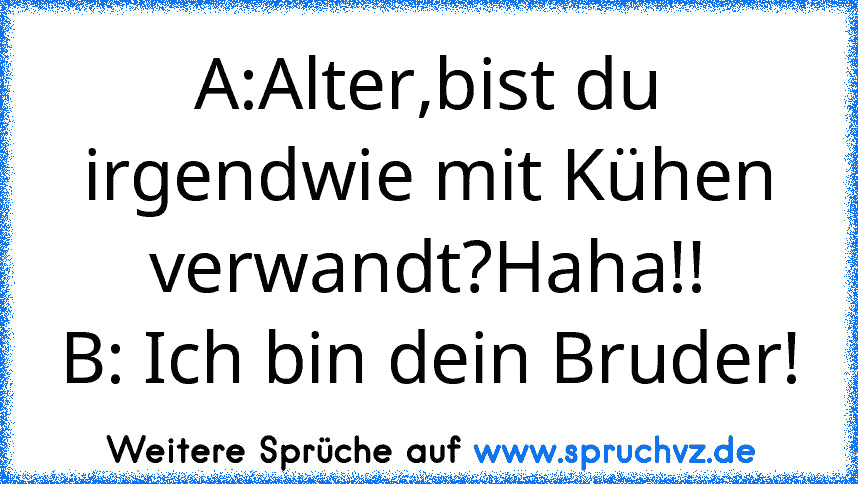 A:Alter,bist du irgendwie mit Kühen verwandt?Haha!!
B: Ich bin dein Bruder!