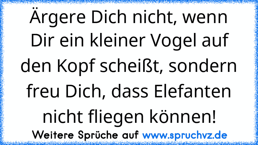 Ärgere Dich nicht, wenn Dir ein kleiner Vogel auf den Kopf scheißt, sondern freu Dich, dass Elefanten nicht fliegen können!