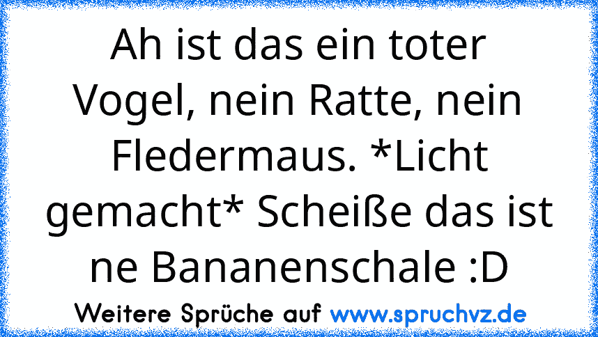 Ah ist das ein toter Vogel, nein Ratte, nein Fledermaus. *Licht gemacht* Scheiße das ist ne Bananenschale :D