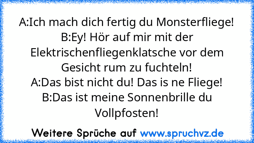 A:Ich mach dich fertig du Monsterfliege!
B:Ey! Hör auf mir mit der Elektrischenfliegenklatsche vor dem Gesicht rum zu fuchteln!
A:Das bist nicht du! Das is ne Fliege!
B:Das ist meine Sonnenbrille du Vollpfosten!