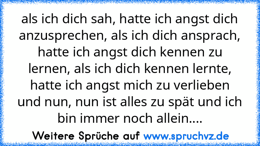 als ich dich sah, hatte ich angst dich anzusprechen, als ich dich ansprach, hatte ich angst dich kennen zu lernen, als ich dich kennen lernte, hatte ich angst mich zu verlieben und nun, nun ist alles zu spät und ich bin immer noch allein....