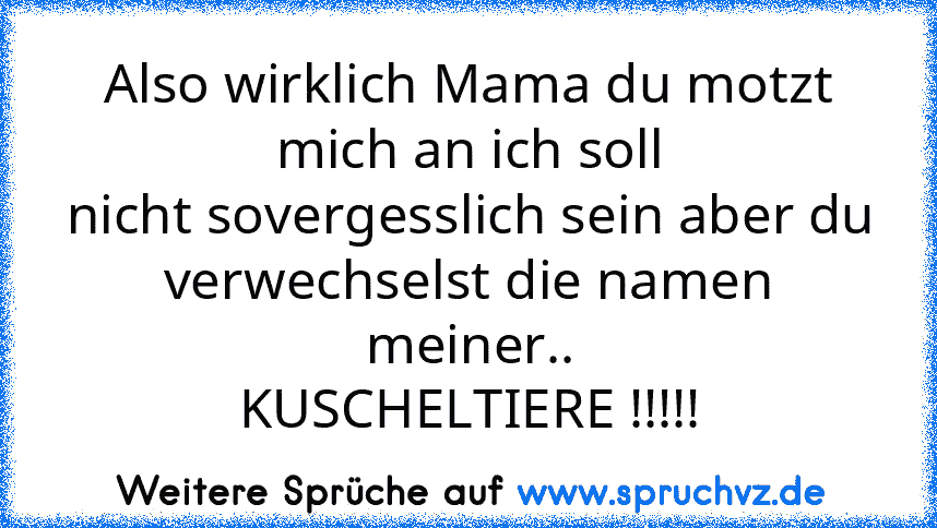 Also wirklich Mama du motzt mich an ich soll
nicht sovergesslich sein aber du
verwechselst die namen meiner..
KUSCHELTIERE !!!!!