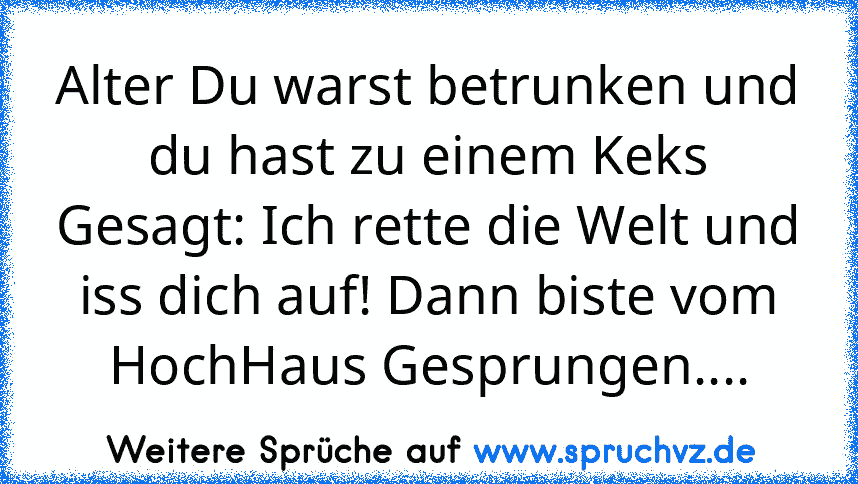 Alter Du warst betrunken und du hast zu einem Keks Gesagt: Ich rette die Welt und iss dich auf! Dann biste vom HochHaus Gesprungen....