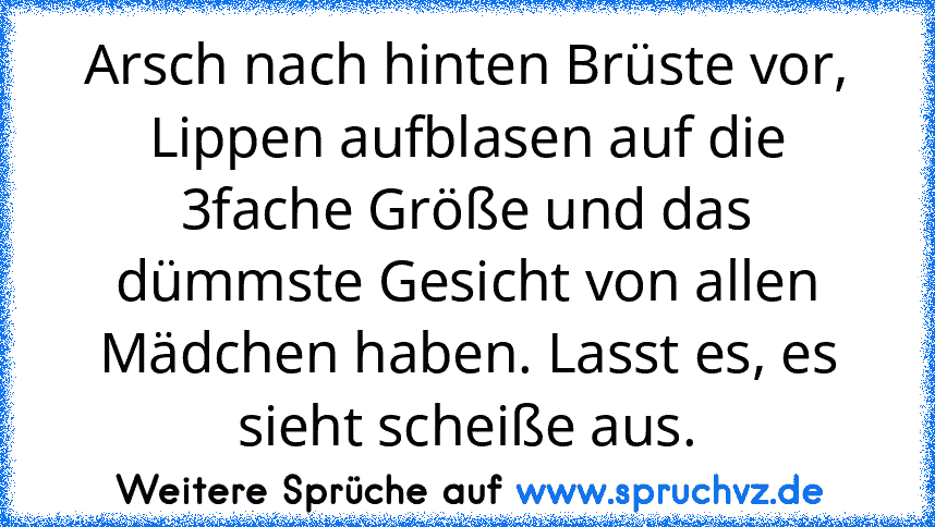 Arsch nach hinten Brüste vor, Lippen aufblasen auf die 3fache Größe und das dümmste Gesicht von allen Mädchen haben. Lasst es, es sieht scheiße aus.