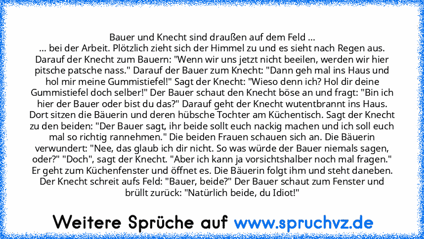 Bauer und Knecht sind draußen auf dem Feld ...
... bei der Arbeit. Plötzlich zieht sich der Himmel zu und es sieht nach Regen aus. Darauf der Knecht zum Bauern: "Wenn wir uns jetzt nicht beeilen, werden wir hier pitsche patsche nass." Darauf der Bauer zum Knecht: "Dann geh mal ins Haus und hol mir meine Gummistiefel!" Sagt der Knecht: "Wieso denn ich? Hol dir deine Gummistiefel doch selber!" De...