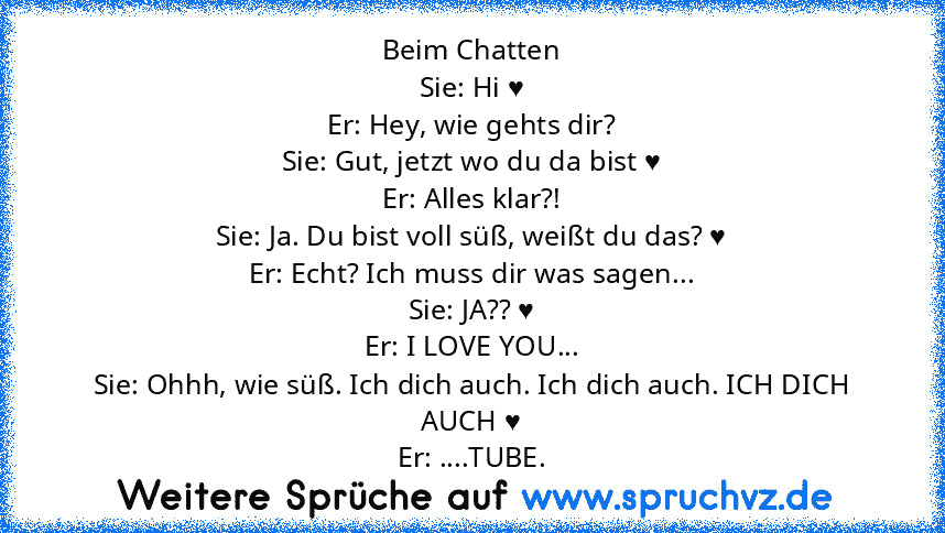 Beim Chatten
Sie: Hi ♥
Er: Hey, wie gehts dir?
Sie: Gut, jetzt wo du da bist ♥
Er: Alles klar?!
Sie: Ja. Du bist voll süß, weißt du das? ♥
Er: Echt? Ich muss dir was sagen...
Sie: JA?? ♥
Er: I LOVE YOU...
Sie: Ohhh, wie süß. Ich dich auch. Ich dich auch. ICH DICH AUCH ♥
Er: ....TUBE.