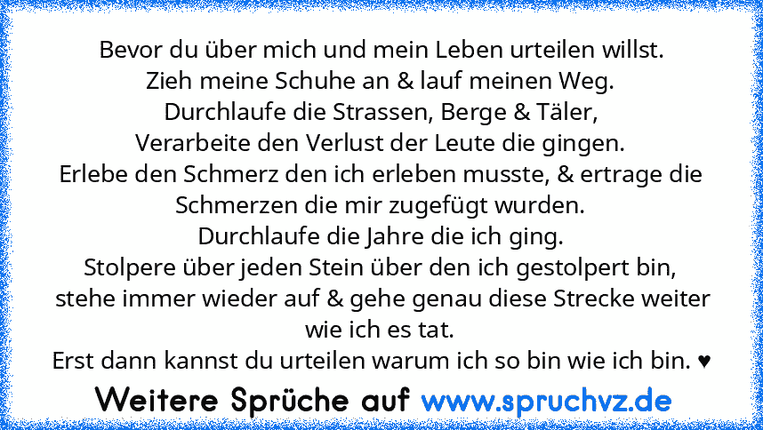 Bevor du über mich und mein Leben urteilen willst.
Zieh meine Schuhe an & lauf meinen Weg.
Durchlaufe die Strassen, Berge & Täler,
Verarbeite den Verlust der Leute die gingen.
Erlebe den Schmerz den ich erleben musste, & ertrage die Schmerzen die mir zugefügt wurden.
Durchlaufe die Jahre die ich ging.
Stolpere über jeden Stein über den ich gestolpert bin,
 stehe immer wieder auf & gehe genau di...