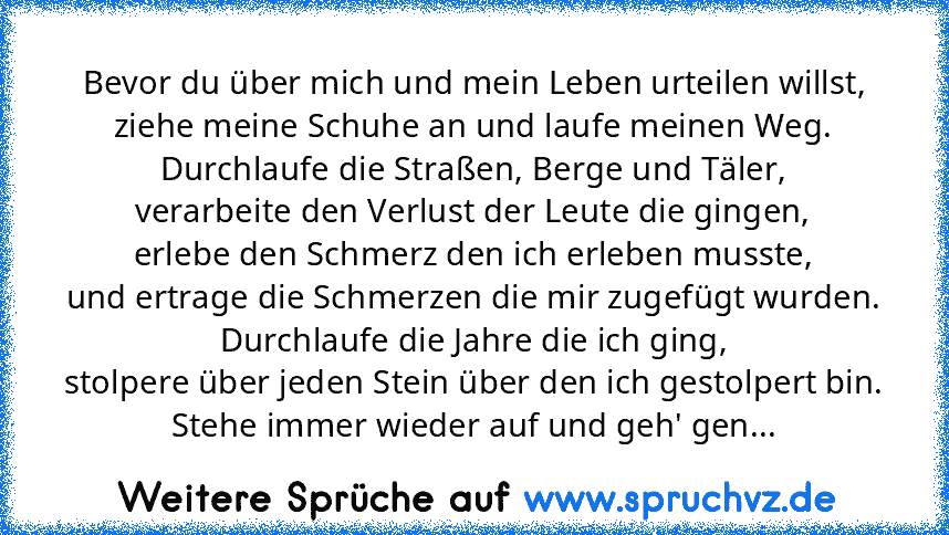 Bevor du über mich und mein Leben urteilen willst,
ziehe meine Schuhe an und laufe meinen Weg.
Durchlaufe die Straßen, Berge und Täler,
verarbeite den Verlust der Leute die gingen,
erlebe den Schmerz den ich erleben musste,
und ertrage die Schmerzen die mir zugefügt wurden.
Durchlaufe die Jahre die ich ging,
stolpere über jeden Stein über den ich gestolpert bin.
Stehe immer wieder auf und geh' ...