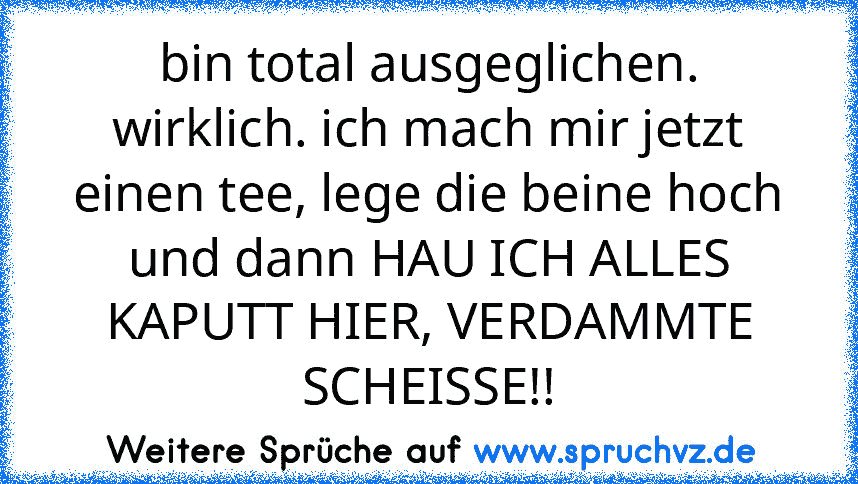 bin total ausgeglichen. wirklich. ich mach mir jetzt einen tee, lege die beine hoch und dann HAU ICH ALLES KAPUTT HIER, VERDAMMTE SCHEISSE!!