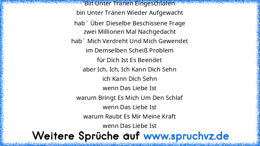 Bin Unter Tränen Eingeschlafen
bin Unter Tränen Wieder Aufgewacht
hab` Über Dieselbe Beschissene Frage
zwei Millionen Mal Nachgedacht
hab` Mich Verdreht Und Mich Gewendet
im Demselben Scheiß Problem
für Dich Ist Es Beendet
aber Ich, Ich, Ich Kann Dich Sehn
ich Kann Dich Sehn
wenn Das Liebe Ist
warum Bringt Es Mich Um Den Schlaf
wenn Das Liebe Ist
warum Raubt Es Mir Meine Kraft
wenn Das Liebe Is...