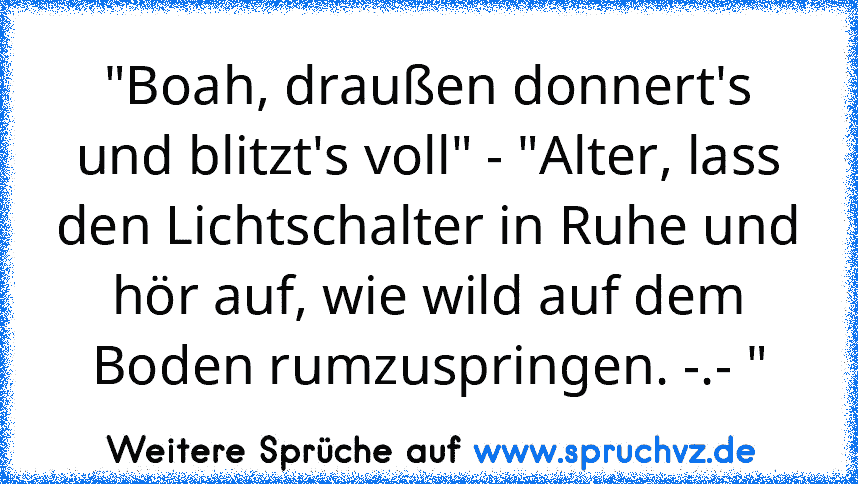 "Boah, draußen donnert's und blitzt's voll" - "Alter, lass den Lichtschalter in Ruhe und hör auf, wie wild auf dem Boden rumzuspringen. -.- "