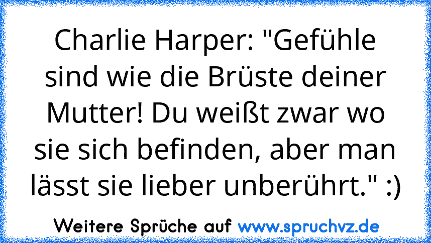 Charlie Harper: "Gefühle sind wie die Brüste deiner Mutter! Du weißt zwar wo sie sich befinden, aber man lässt sie lieber unberührt." :)