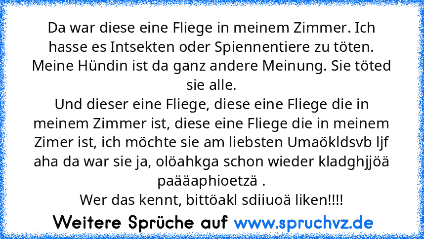 Da war diese eine Fliege in meinem Zimmer. Ich hasse es Intsekten oder Spiennentiere zu töten. Meine Hündin ist da ganz andere Meinung. Sie töted sie alle.
Und dieser eine Fliege, diese eine Fliege die in meinem Zimmer ist, diese eine Fliege die in meinem Zimer ist, ich möchte sie am liebsten Umaökldsvb ljf aha da war sie ja, olöahkga schon wieder kladghjjöä paääaphioetzä .
Wer das kennt, bittö...