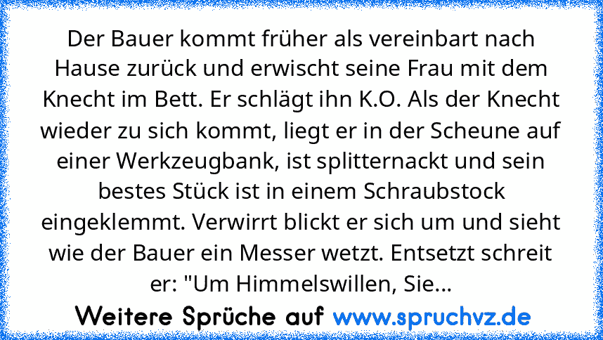 Der Bauer kommt früher als vereinbart nach Hause zurück und erwischt seine Frau mit dem Knecht im Bett. Er schlägt ihn K.O. Als der Knecht wieder zu sich kommt, liegt er in der Scheune auf einer Werkzeugbank, ist splitternackt und sein bestes Stück ist in einem Schraubstock eingeklemmt. Verwirrt blickt er sich um und sieht wie der Bauer ein Messer wetzt. Entsetzt schreit er: "Um Himmelswillen, ...