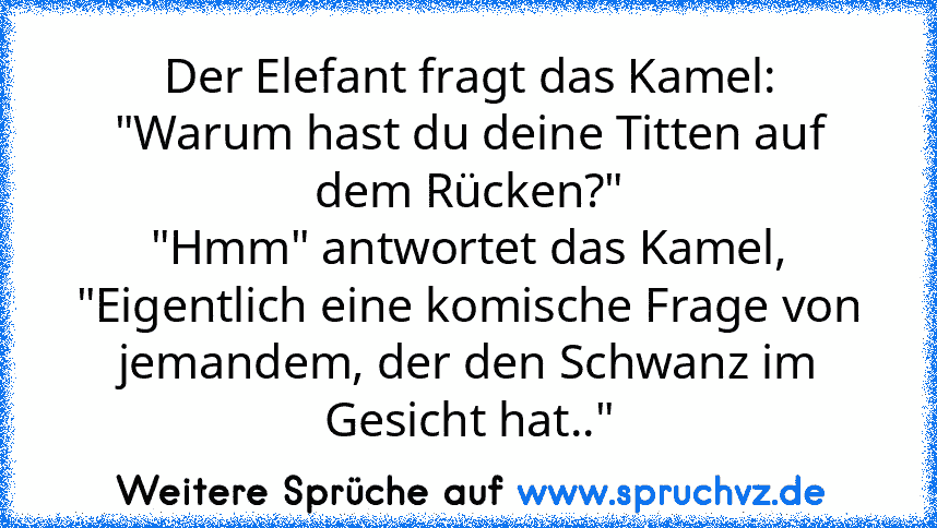 Der Elefant fragt das Kamel: "Warum hast du deine Titten auf dem Rücken?"
"Hmm" antwortet das Kamel, "Eigentlich eine komische Frage von jemandem, der den Schwanz im Gesicht hat.."