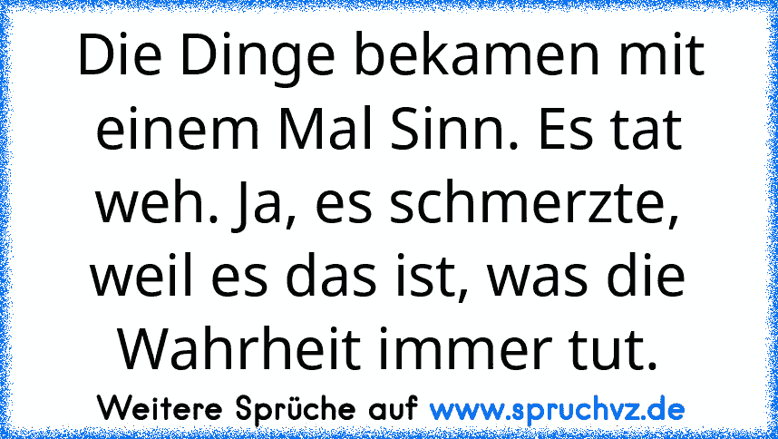 Die Dinge bekamen mit einem Mal Sinn. Es tat weh. Ja, es schmerzte, weil es das ist, was die Wahrheit immer tut.