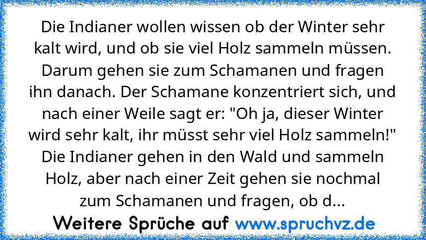 Die Indianer wollen wissen ob der Winter sehr kalt wird, und ob sie viel Holz sammeln müssen. Darum gehen sie zum Schamanen und fragen ihn danach. Der Schamane konzentriert sich, und nach einer Weile sagt er: "Oh ja, dieser Winter wird sehr kalt, ihr müsst sehr viel Holz sammeln!" Die Indianer gehen in den Wald und sammeln Holz, aber nach einer Zeit gehen sie nochmal zum Schamanen und fragen, o...