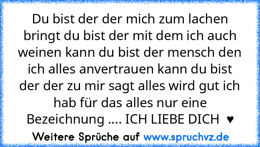 Du bist der der mich zum lachen bringt du bist der mit dem ich auch weinen kann du bist der mensch den ich alles anvertrauen kann du bist der der zu mir sagt alles wird gut ich hab für das alles nur eine Bezeichnung .... ICH LIEBE DICH  ♥