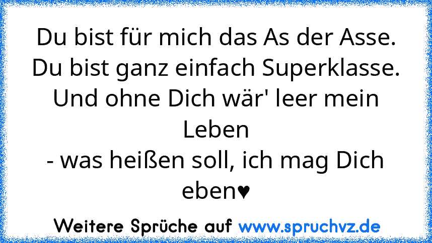 Du bist für mich das As der Asse.
Du bist ganz einfach Superklasse.
Und ohne Dich wär' leer mein Leben
- was heißen soll, ich mag Dich eben♥