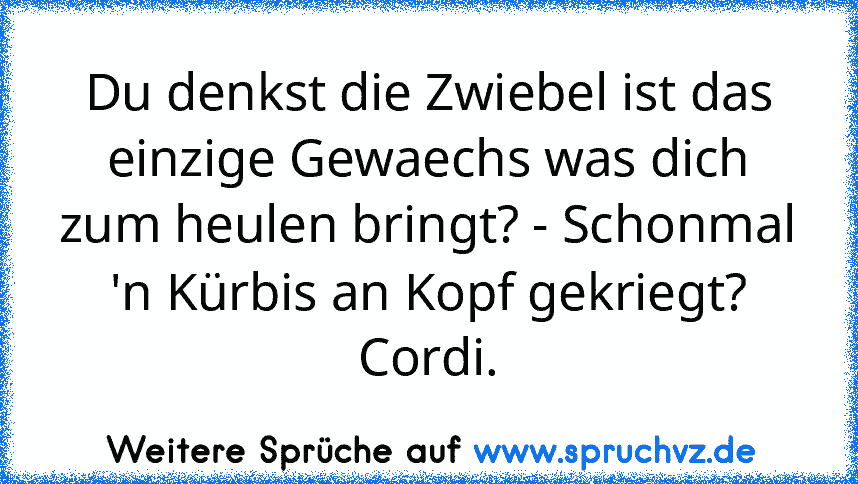 Du denkst die Zwiebel ist das einzige Gewaechs was dich zum heulen bringt? - Schonmal 'n Kürbis an Kopf gekriegt?
Cordi.