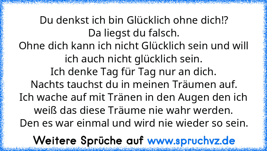 Du denkst ich bin Glücklich ohne dich!?
Da liegst du falsch.
Ohne dich kann ich nicht Glücklich sein und will ich auch nicht glücklich sein.
Ich denke Tag für Tag nur an dich.
Nachts tauchst du in meinen Träumen auf.
Ich wache auf mit Tränen in den Augen den ich weiß das diese Träume nie wahr werden.
Den es war einmal und wird nie wieder so sein.