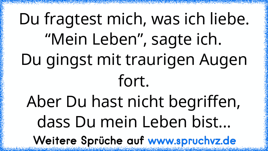 Du fragtest mich, was ich liebe. “Mein Leben”, sagte ich.
Du gingst mit traurigen Augen fort.
Aber Du hast nicht begriffen, dass Du mein Leben bist...