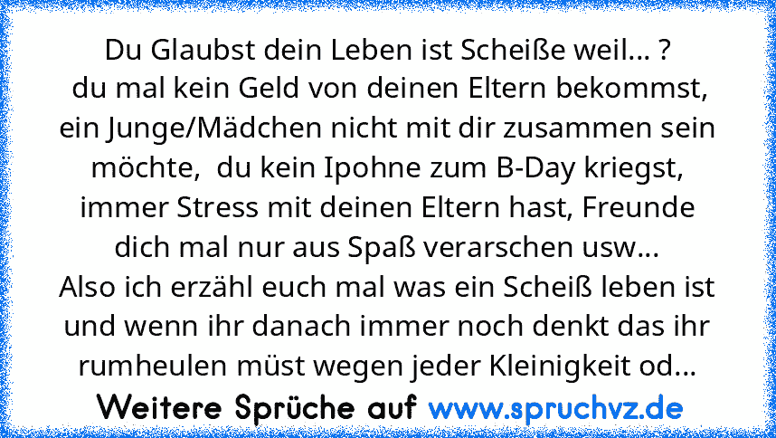 Du Glaubst dein Leben ist Scheiße weil... ?
 du mal kein Geld von deinen Eltern bekommst, ein Junge/Mädchen nicht mit dir zusammen sein möchte,  du kein Ipohne zum B-Day kriegst, immer Stress mit deinen Eltern hast, Freunde dich mal nur aus Spaß verarschen usw...
Also ich erzähl euch mal was ein Scheiß leben ist und wenn ihr danach immer noch denkt das ihr rumheulen müst wegen jeder Kleinigkeit...