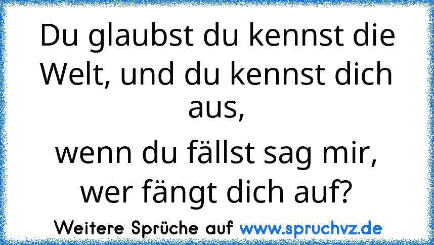 Du glaubst du kennst die Welt, und du kennst dich aus,
wenn du fällst sag mir, wer fängt dich auf?