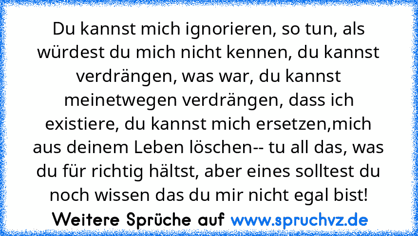 Du kannst mich ignorieren, so tun, als würdest du mich nicht kennen, du kannst verdrängen, was war, du kannst meinetwegen verdrängen, dass ich existiere, du kannst mich ersetzen,mich aus deinem Leben löschen-- tu all das, was du für richtig hältst, aber eines solltest du noch wissen das du mir nicht egal bist!