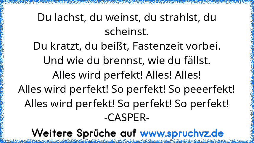 Du lachst, du weinst, du strahlst, du scheinst.
Du kratzt, du beißt, Fastenzeit vorbei.
Und wie du brennst, wie du fällst.
Alles wird perfekt! Alles! Alles!
Alles wird perfekt! So perfekt! So peeerfekt!
Alles wird perfekt! So perfekt! So perfekt!
-CASPER-