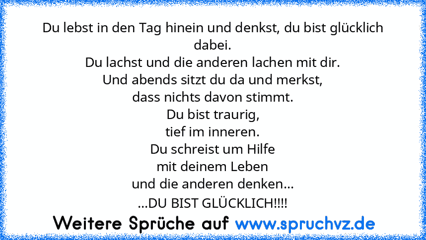 Du lebst in den Tag hinein und denkst, du bist glücklich dabei.
Du lachst und die anderen lachen mit dir.
Und abends sitzt du da und merkst,
dass nichts davon stimmt.
Du bist traurig,
tief im inneren.
Du schreist um Hilfe
mit deinem Leben
und die anderen denken...
...DU BIST GLÜCKLICH!!!!